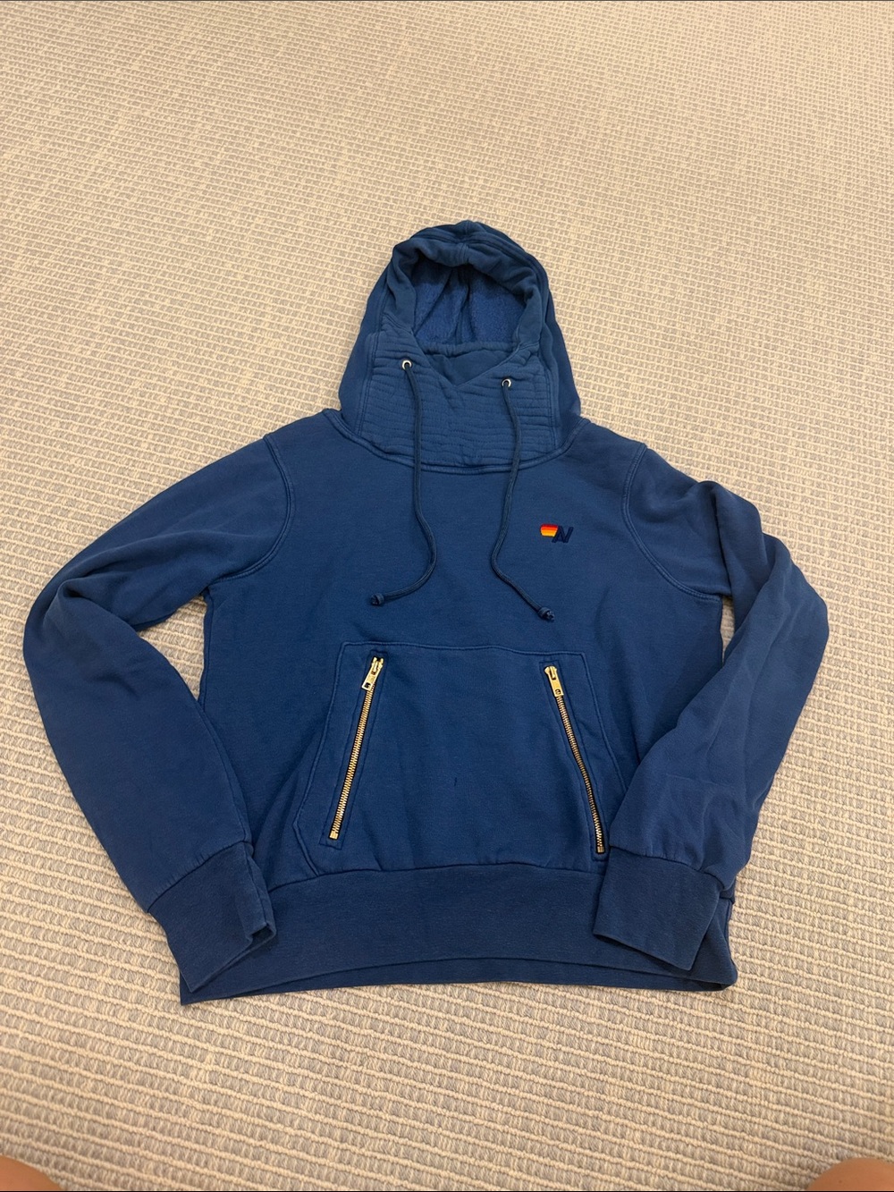 Aviator Nation Navy Cowl-Neck Hoodie Sweater with Gold Zippers